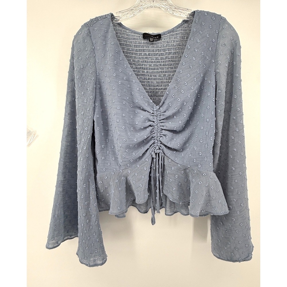 Lucy Paris Blue Clip Dot Peplum Top Smocked Back Bell Sleeve V-Neck Medium